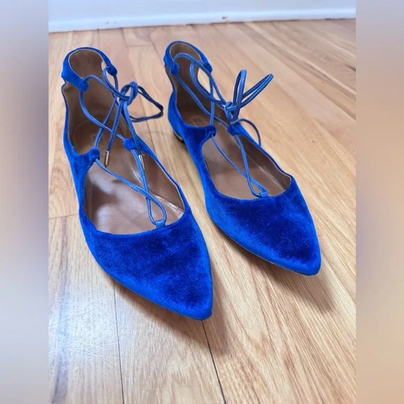 Aquazzura CobaltBlue Velvet Christy Ankle Tie Ballet Flats Size 10 US - Picture 3 of 7